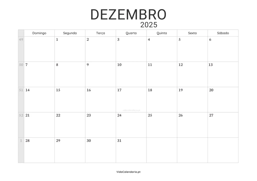 Calendário dezembro 2025 imprimir (Brasil)
