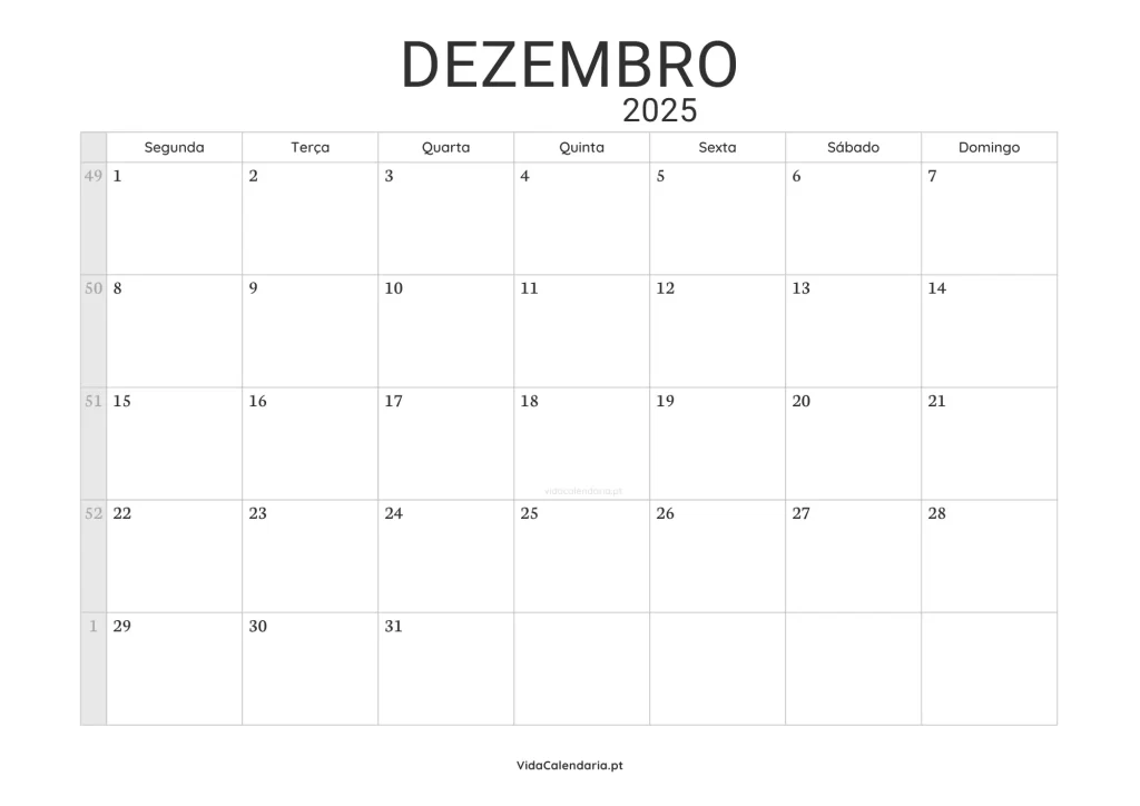 Calendário dezembro 2025 imprimir (Portugal)