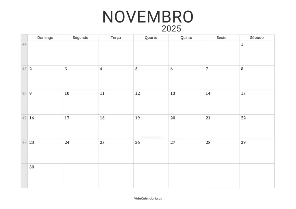 Calendário novembro 2025 imprimir (Brasil)