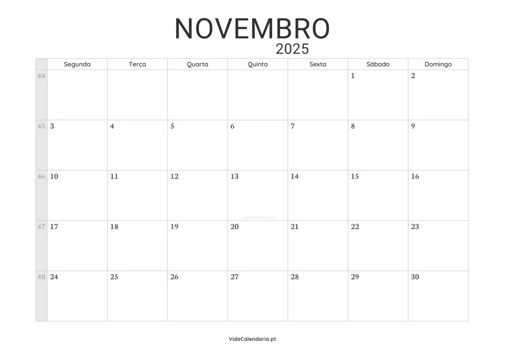 Calendário novembro 2025 imprimir (Portugal)