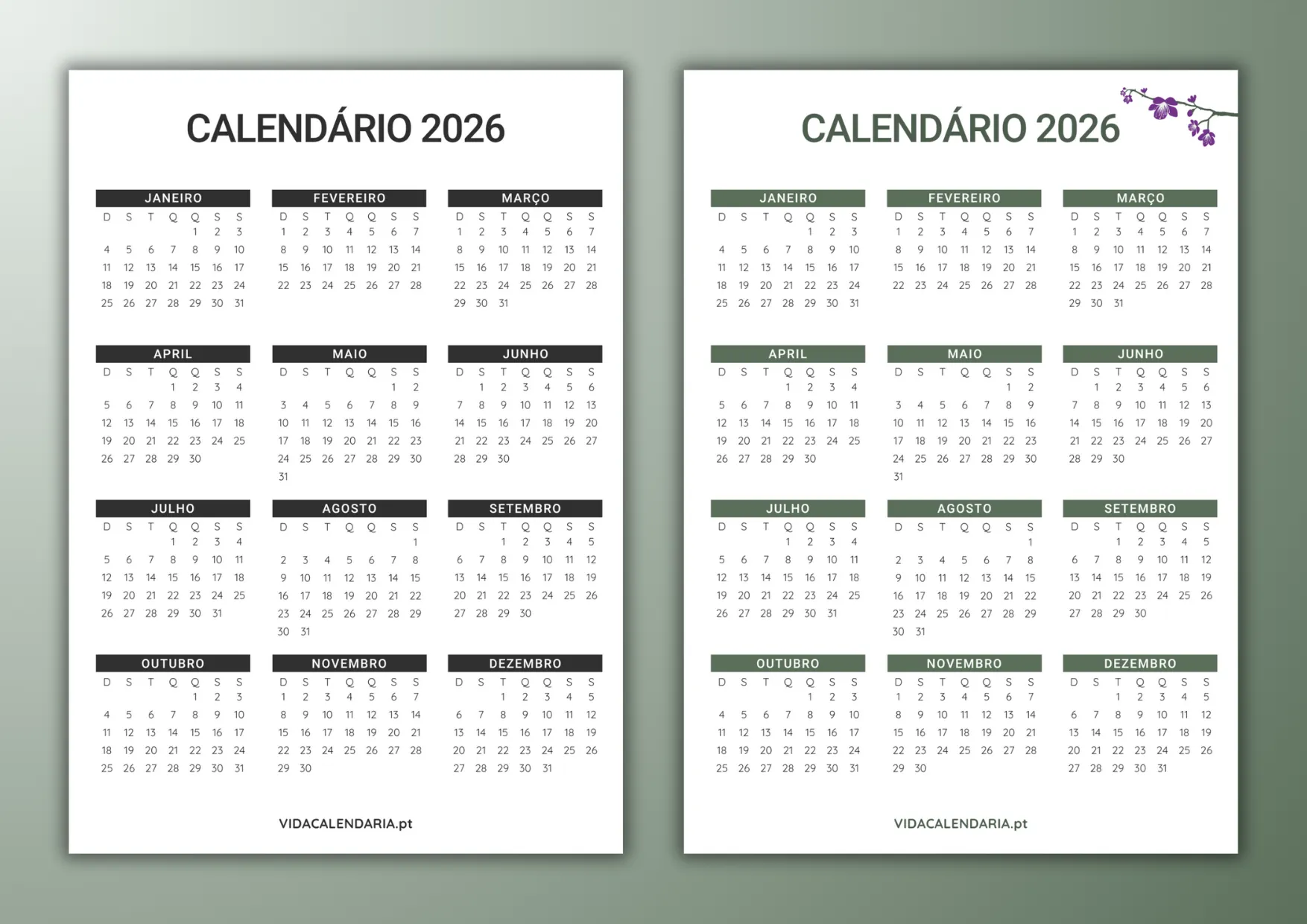Calendários 2026 para imprimir (Brasileiro)