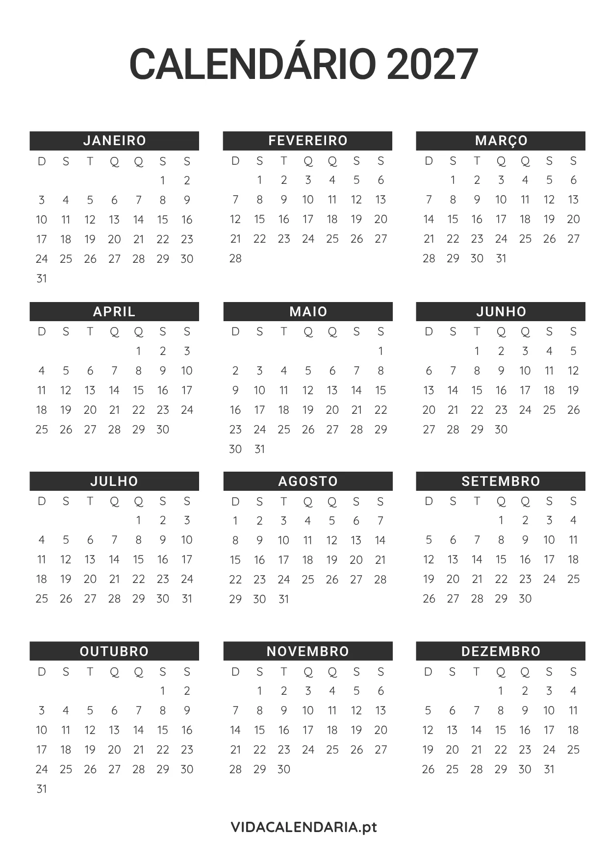 calendário 2027 para imprimir (Brasileiro) - minimalista