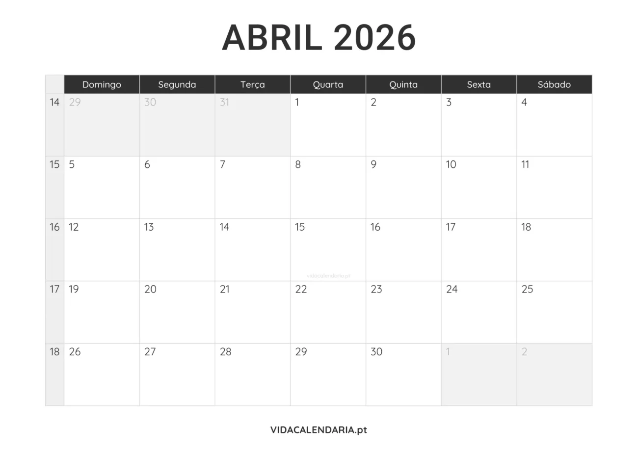 calendário abril 2026 PDF para imprimir minimalista (Brasileiro)