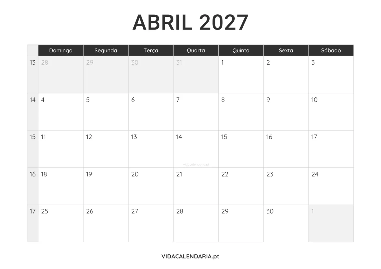 calendário abril 2027 PDF para imprimir minimalista (Brasileiro)