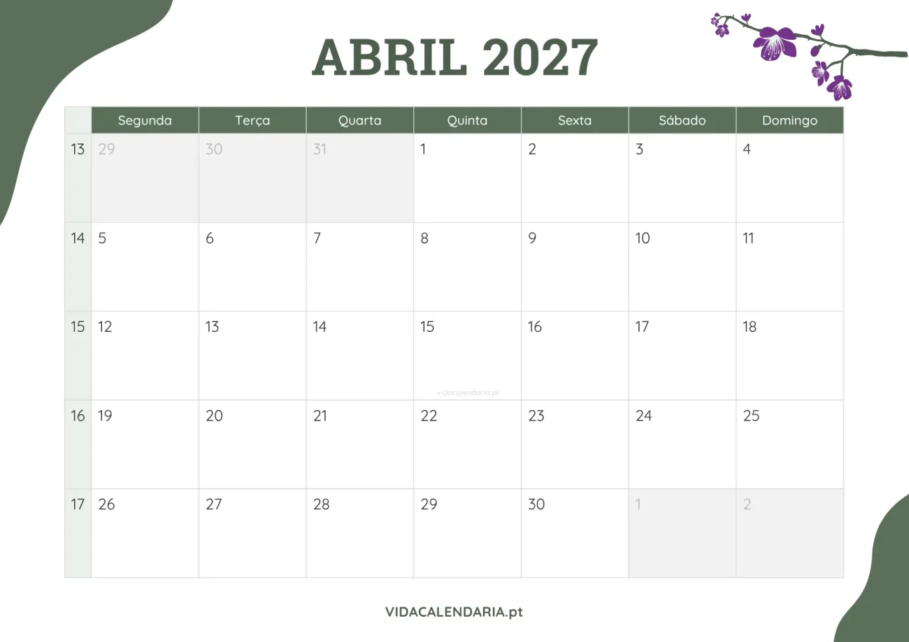 calendário abril 2027 com design floral para impressão (Português)
