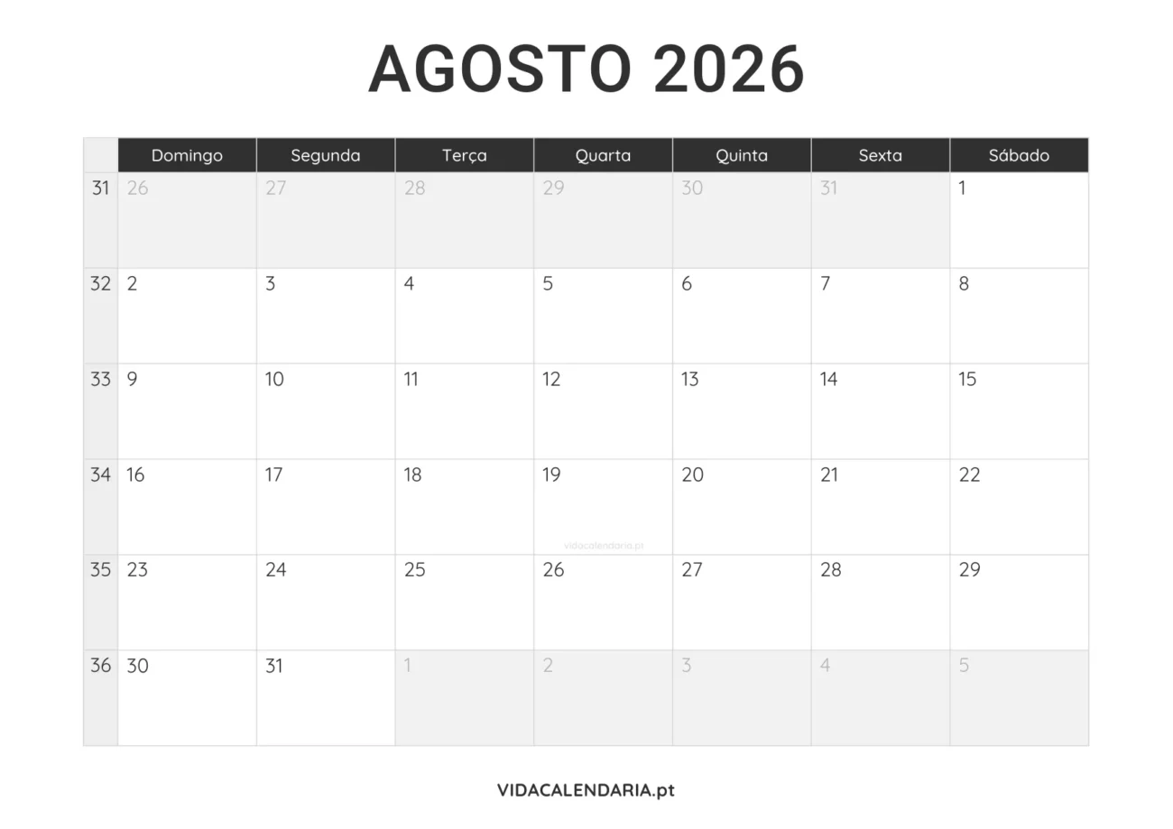 calendário agosto 2026 PDF para imprimir minimalista (Brasileiro)