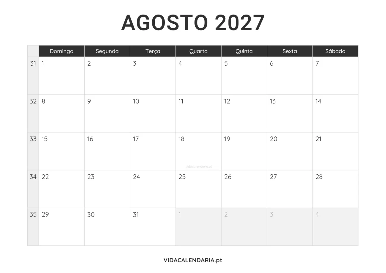 calendário agosto 2027 PDF para imprimir minimalista (Brasileiro)