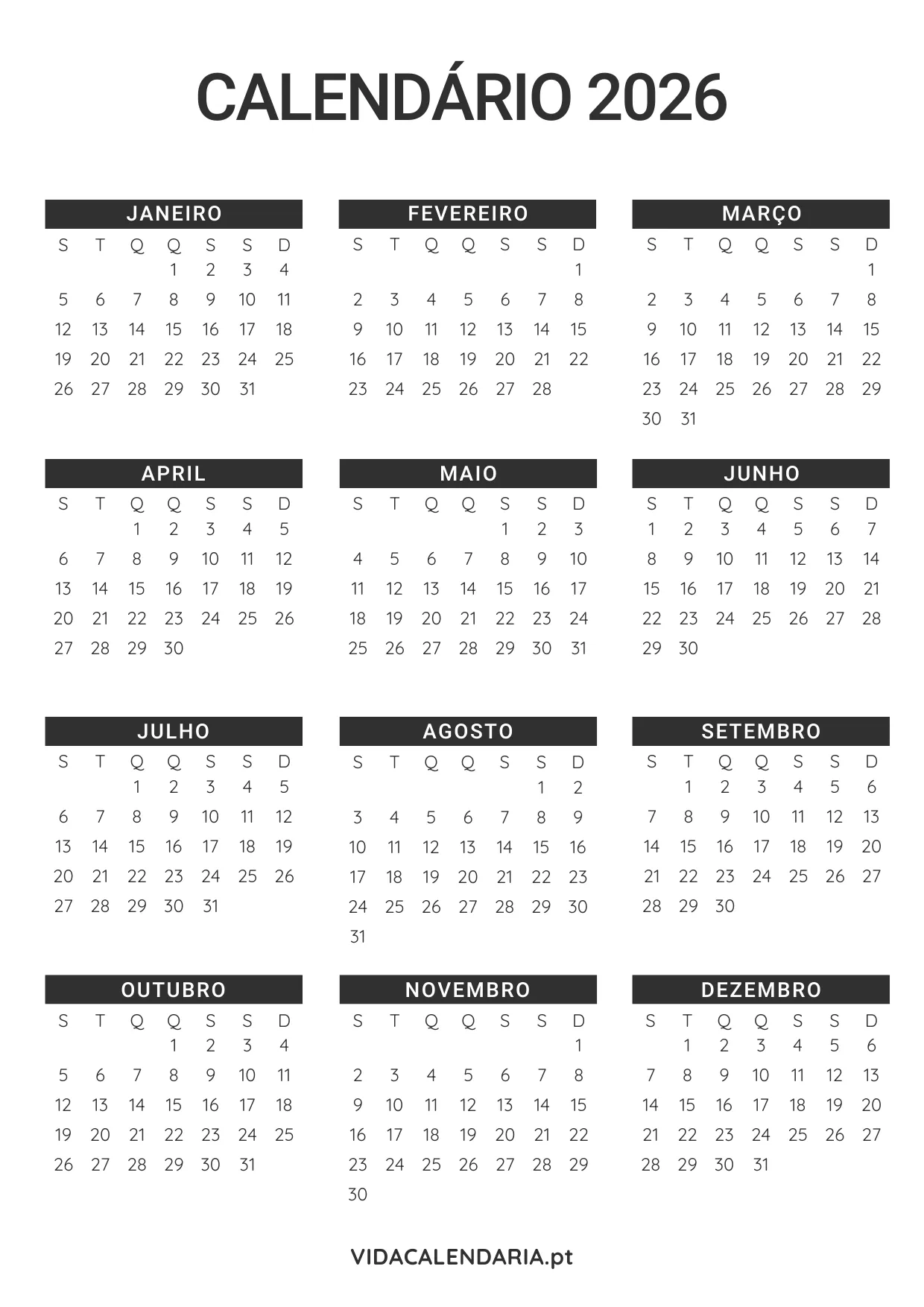 calendário anual 2026 para impressão (Português) - design simples