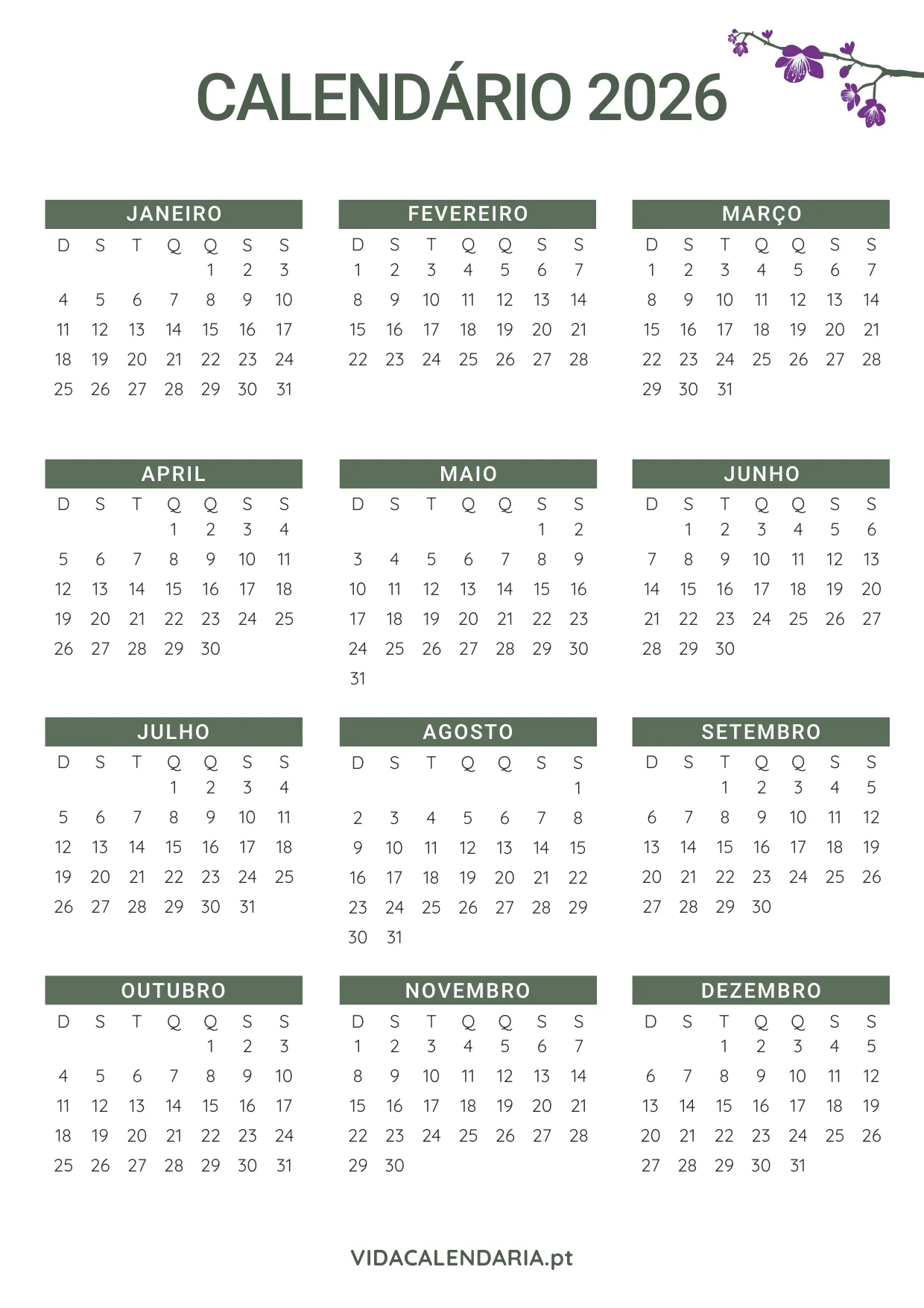 calendário anual 2026 para imprimir (Brasileiro) - design floral