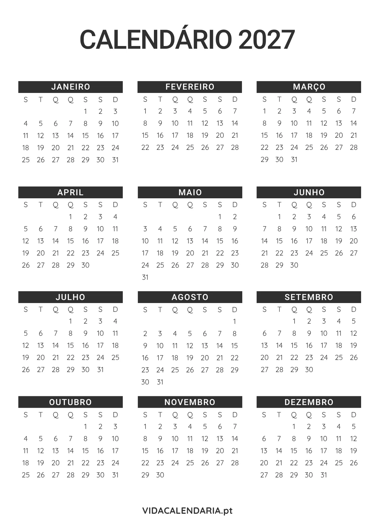 calendário anual 2027 para impressão (Português) - design simples