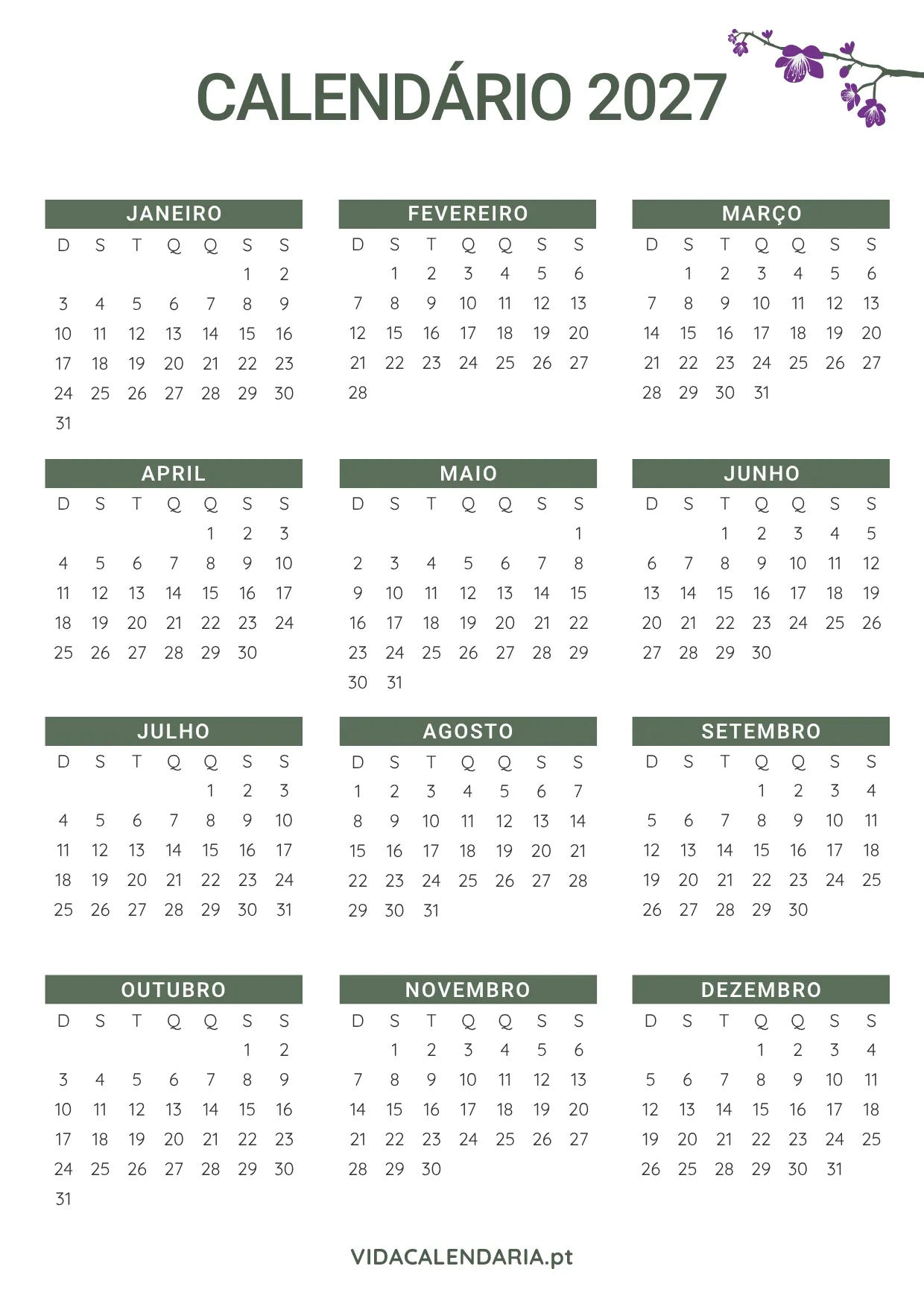 calendário anual 2027 para imprimir (Brasileiro) - design floral