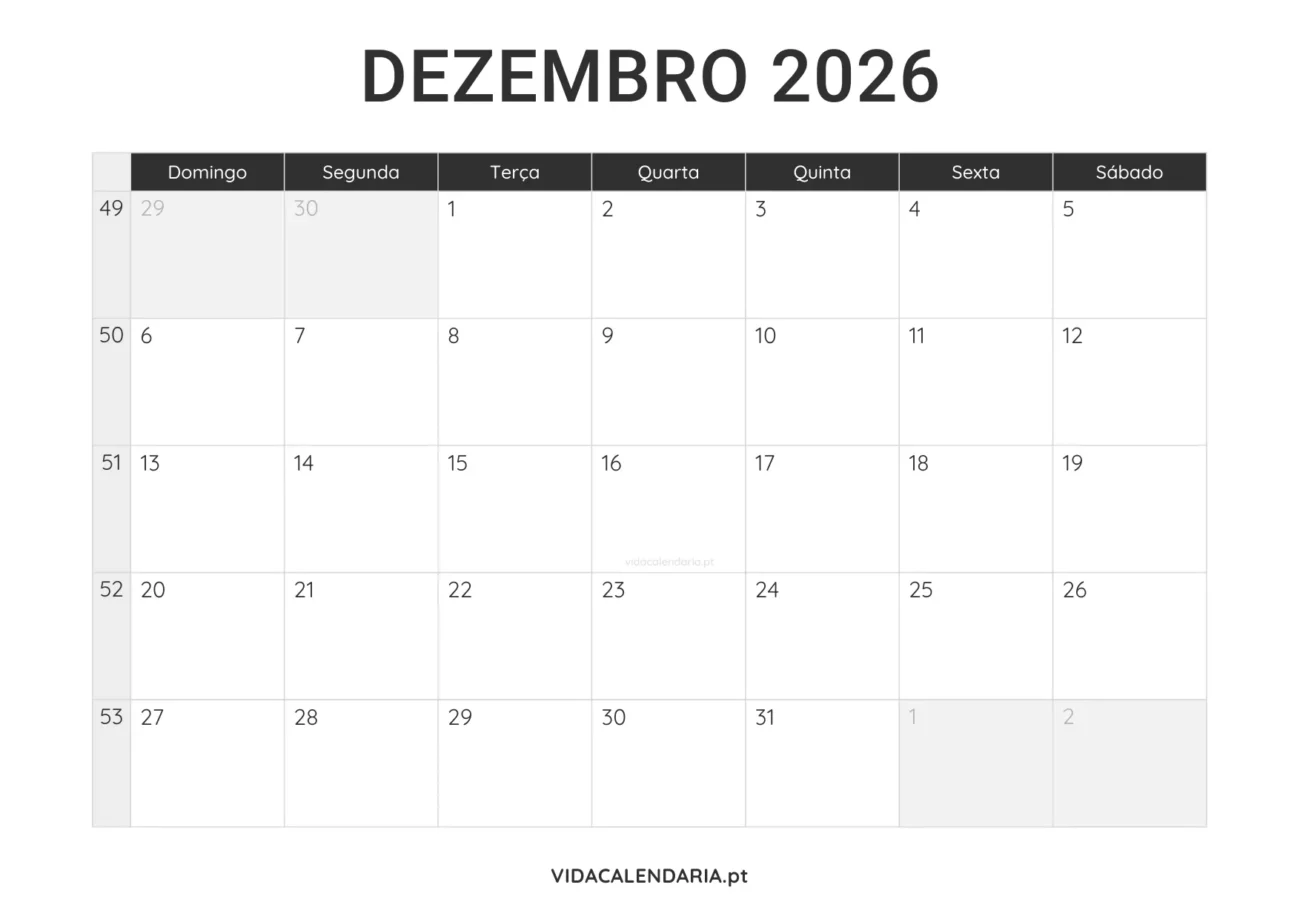 calendário dezembro 2026 PDF para imprimir minimalista (Brasileiro)