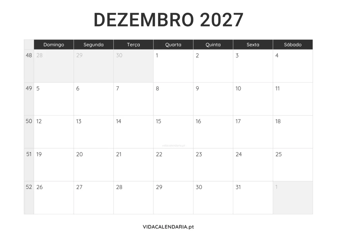 calendário dezembro 2027 PDF para imprimir minimalista (Brasileiro)