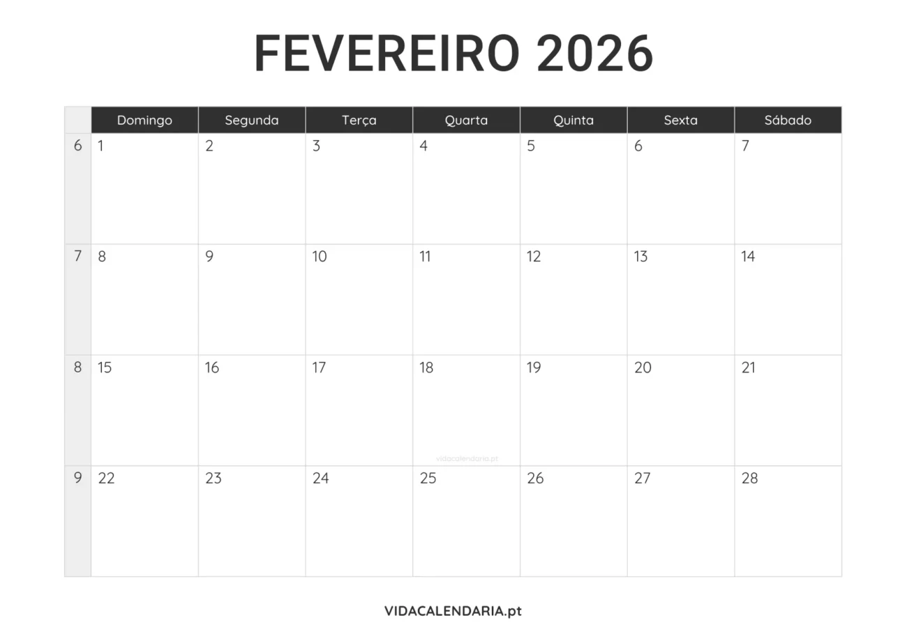 calendário fevereiro 2026 PDF para imprimir minimalista (Brasileiro)