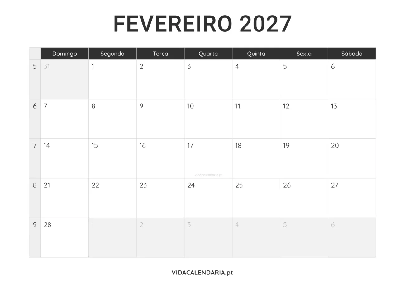 calendário fevereiro 2027 PDF para imprimir minimalista (Brasileiro)