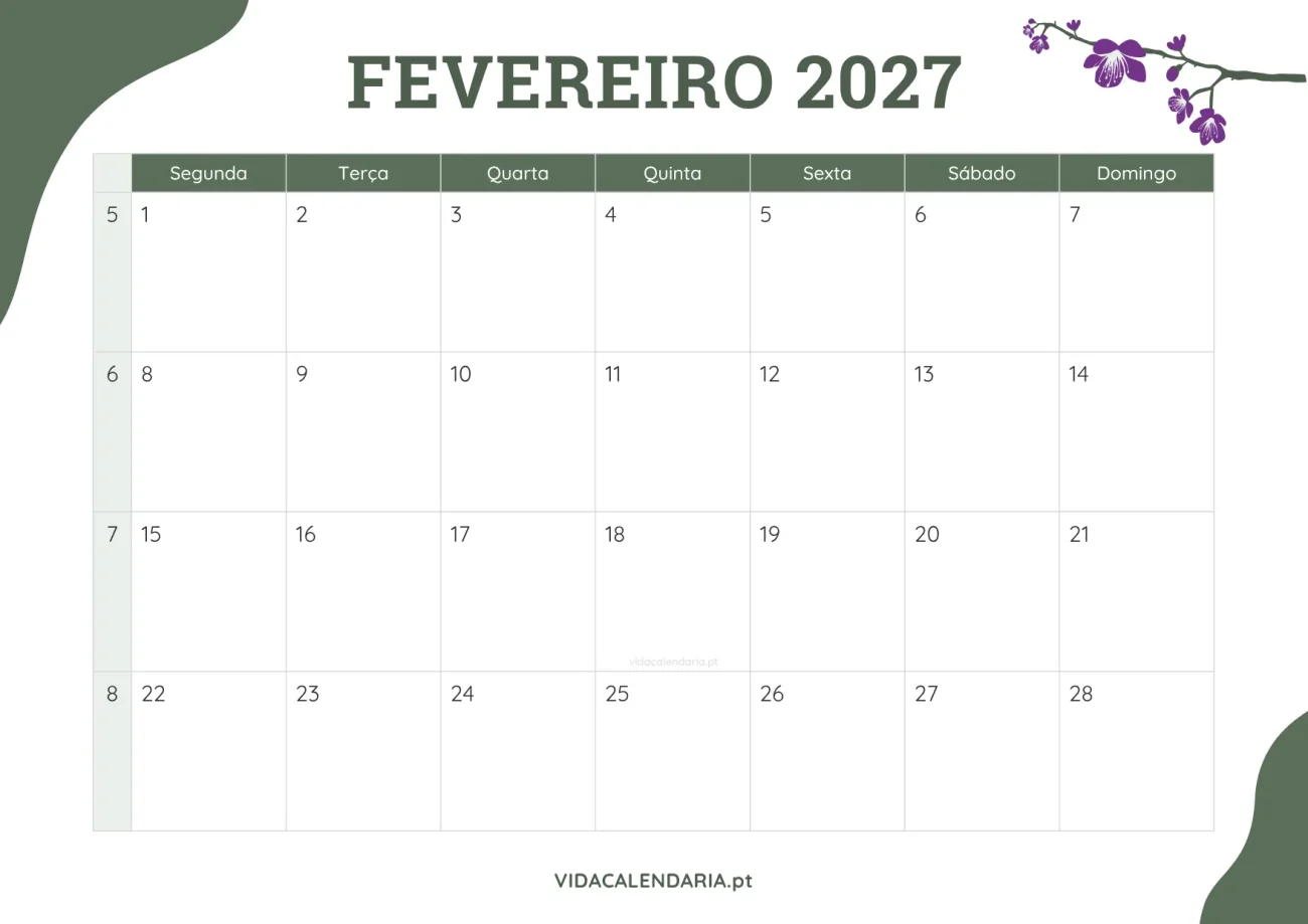calendário fevereiro 2027 com design floral para impressão (Português)