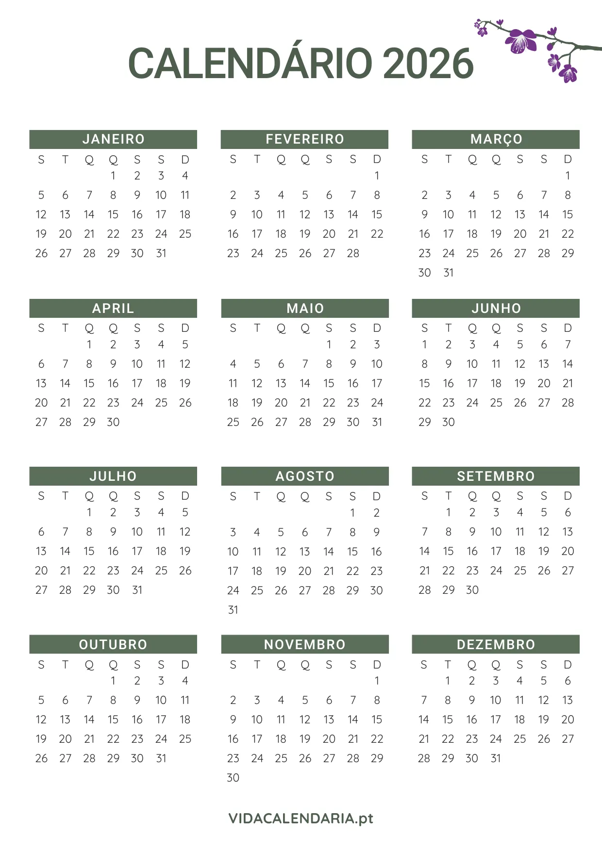calendário imprimível 2026 (Português) - design floral