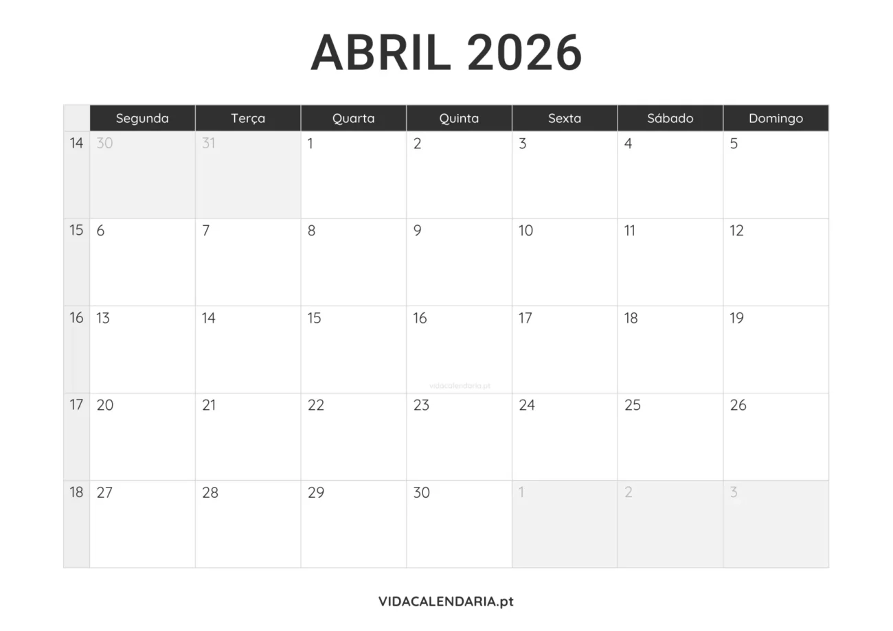 calendário imprimível abril 2026 minimalista (Português)