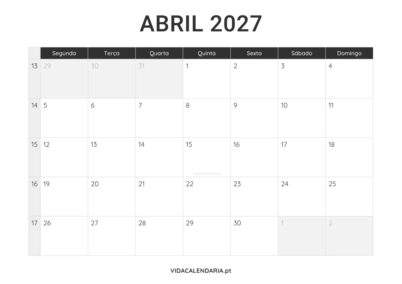 calendário imprimível abril 2027 minimalista (Português)