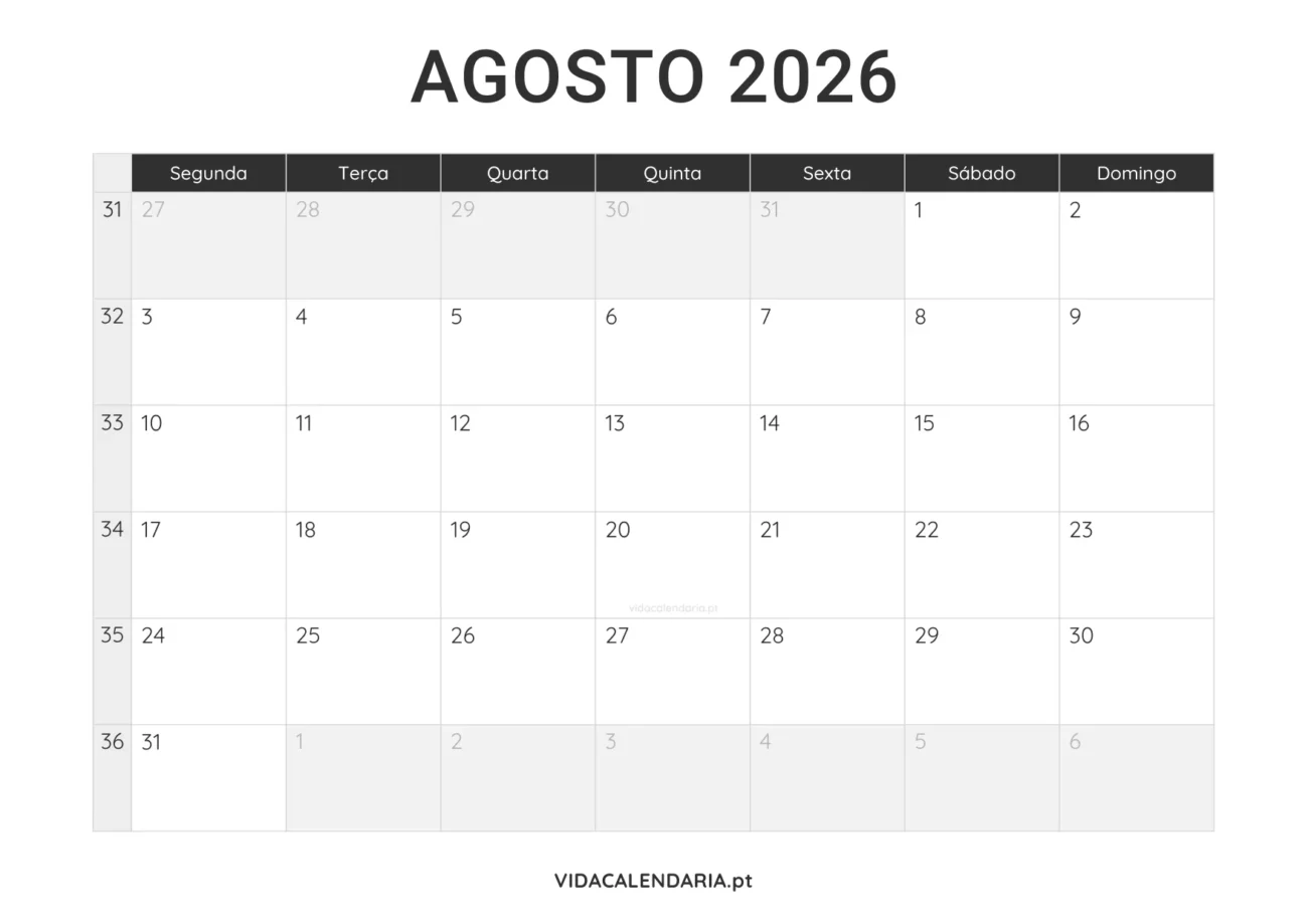 calendário imprimível agosto 2026 minimalista (Português)