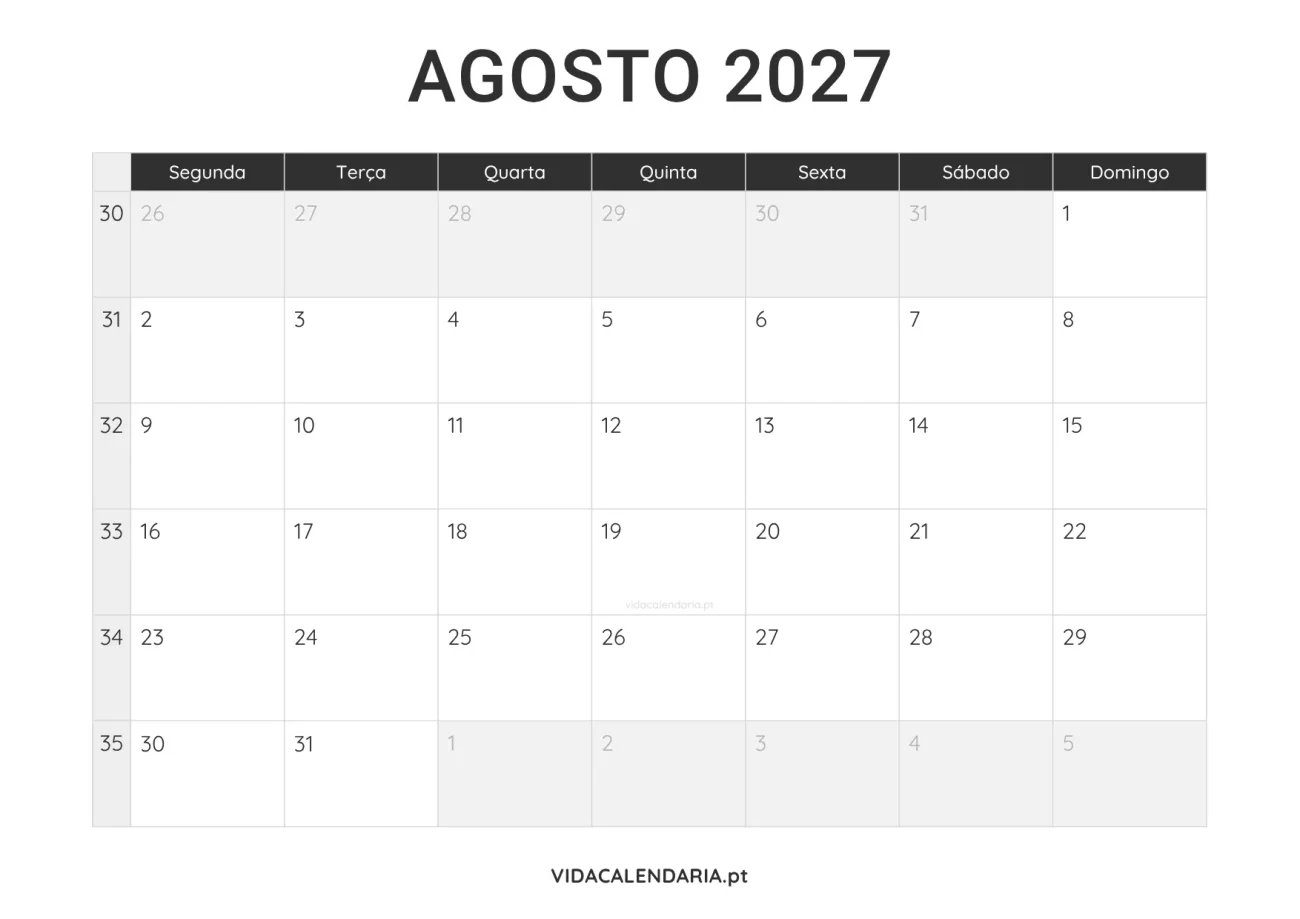 calendário imprimível agosto 2027 minimalista (Português)