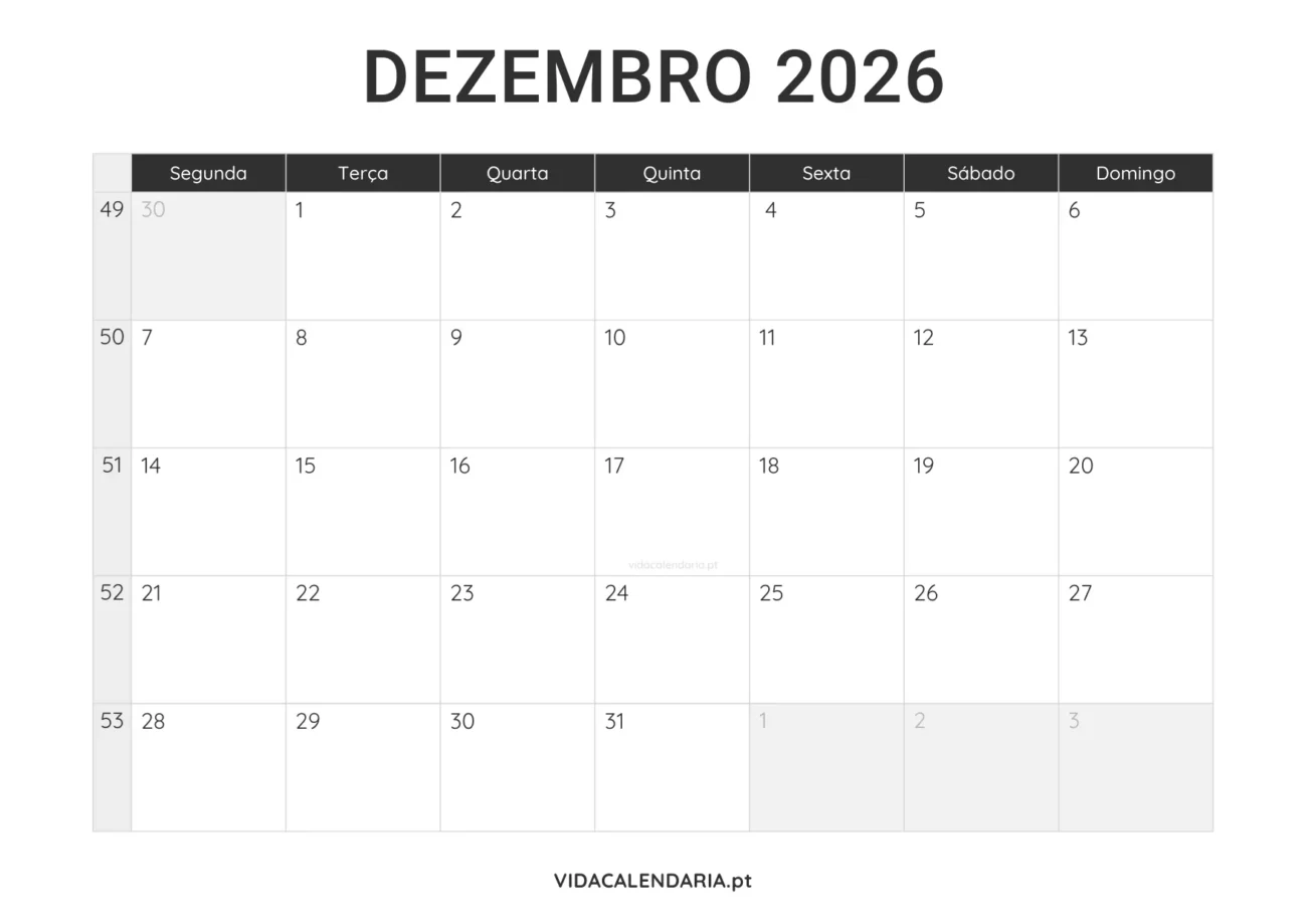 calendário imprimível dezembro 2026 minimalista (Português)