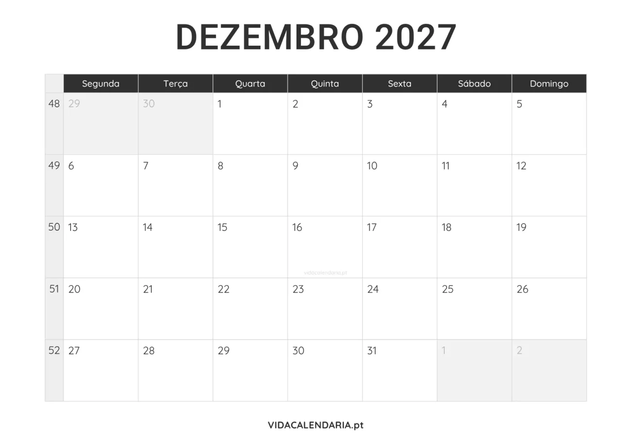 calendário imprimível dezembro 2027 minimalista (Português)