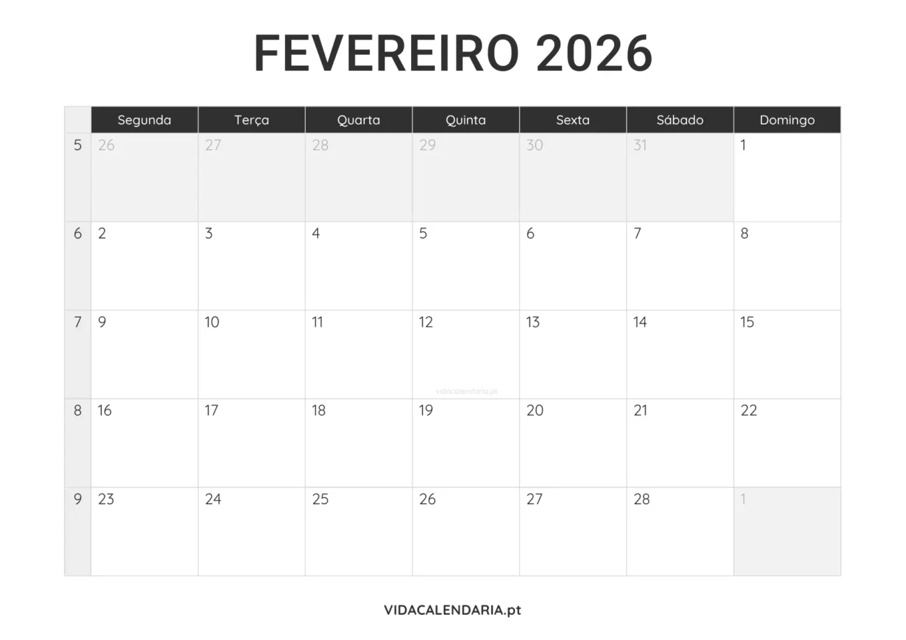 calendário imprimível fevereiro 2026 minimalista (Português)