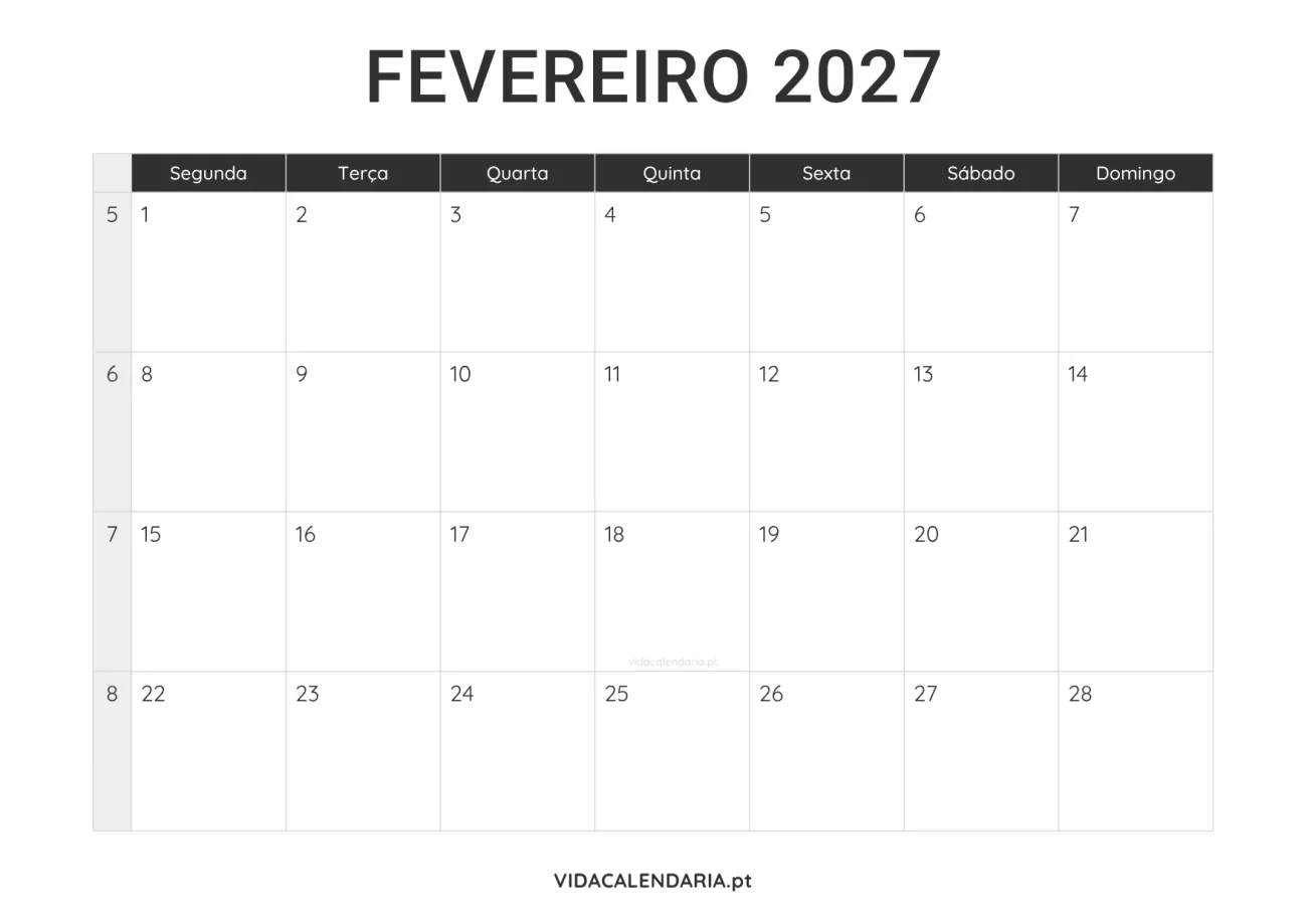 calendário imprimível fevereiro 2027 minimalista (Português)