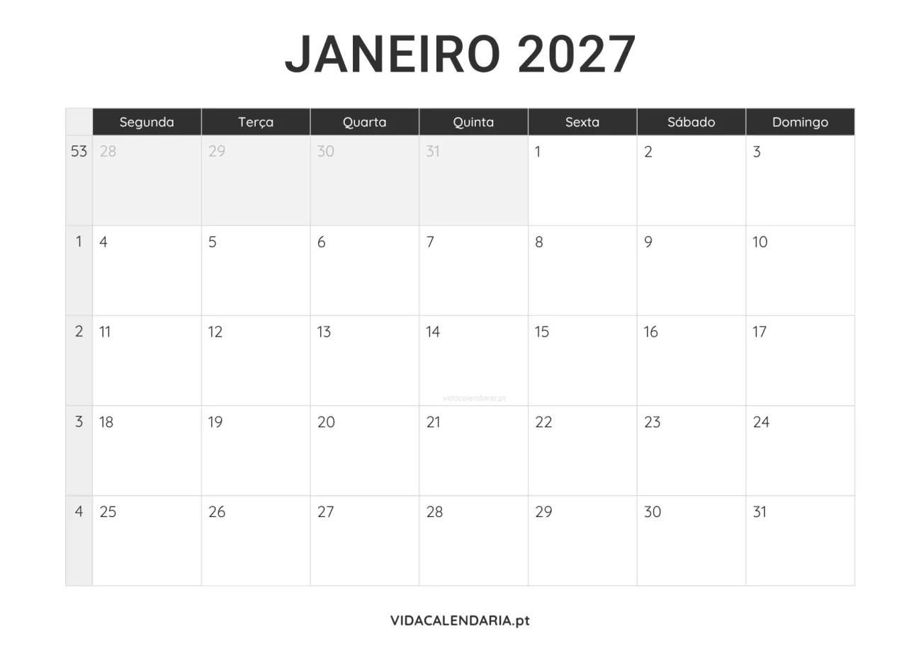 calendário imprimível janeiro 2027 minimalista (Português)