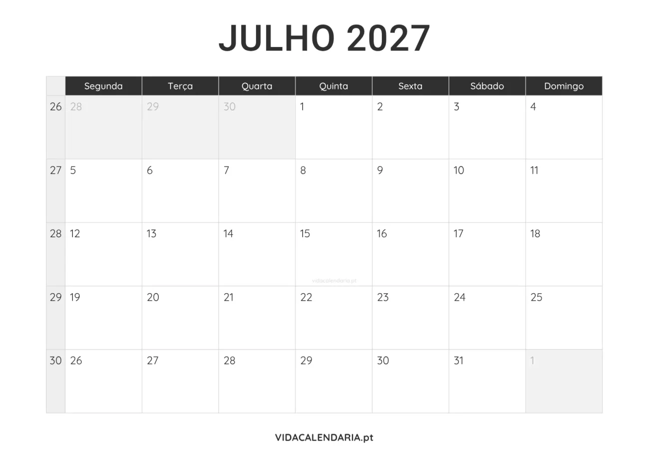 calendário imprimível julho 2027 minimalista (Português)