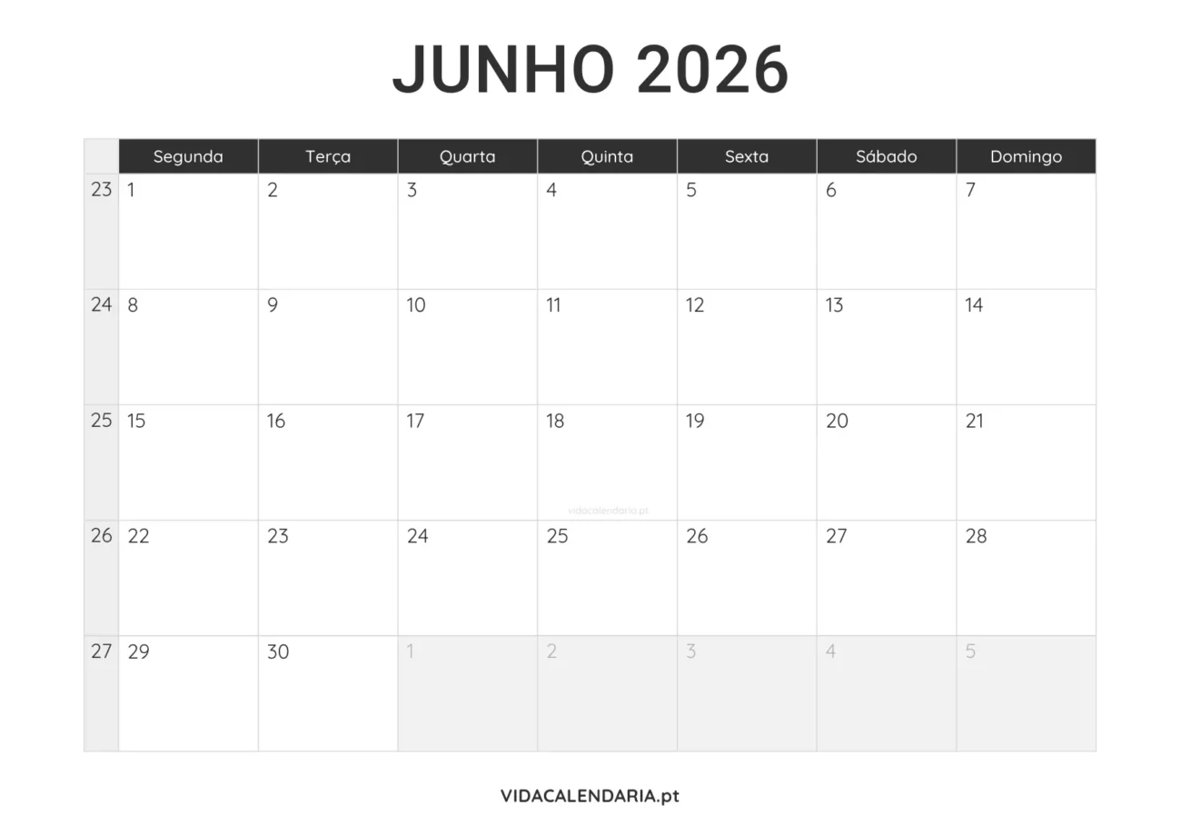 calendário imprimível junho 2026 minimalista (Português)