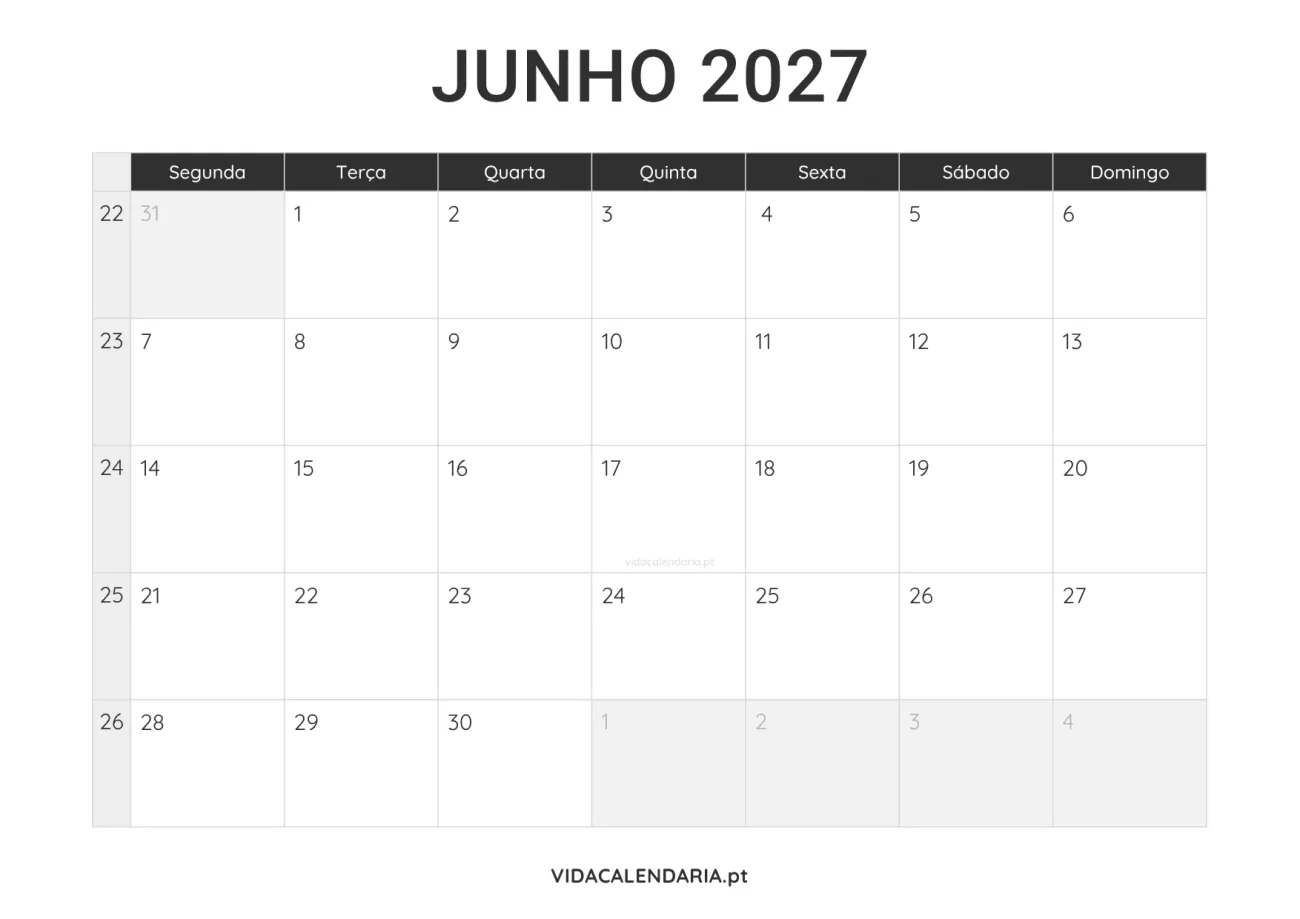 calendário imprimível junho 2027 minimalista (Português)