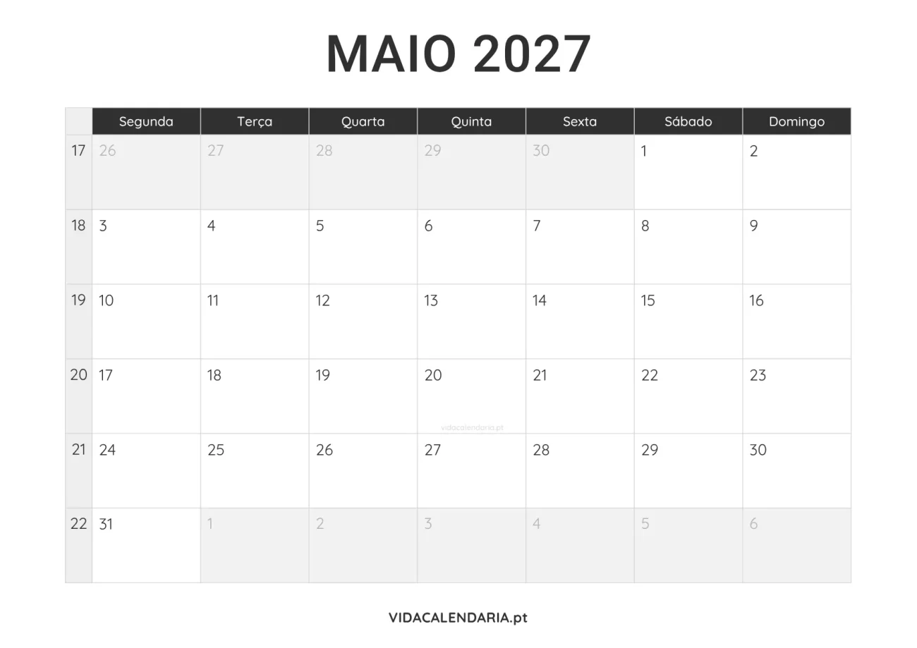calendário imprimível maio 2027 minimalista (Português)