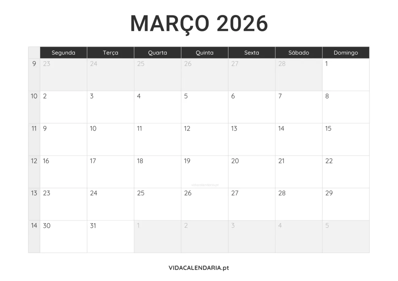 calendário imprimível março 2026 minimalista (Português)