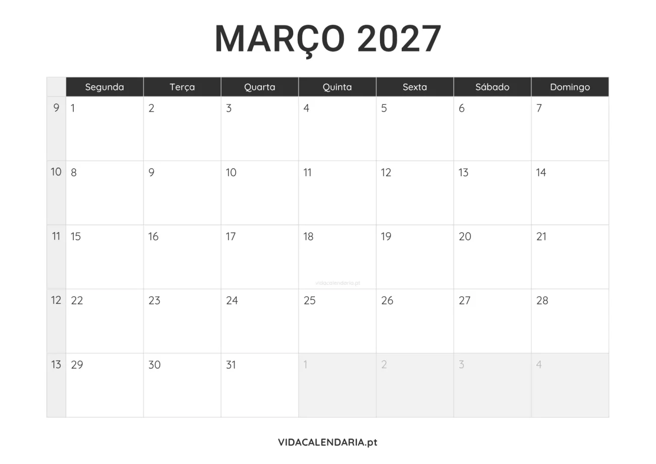 calendário imprimível março 2027 minimalista (Português)
