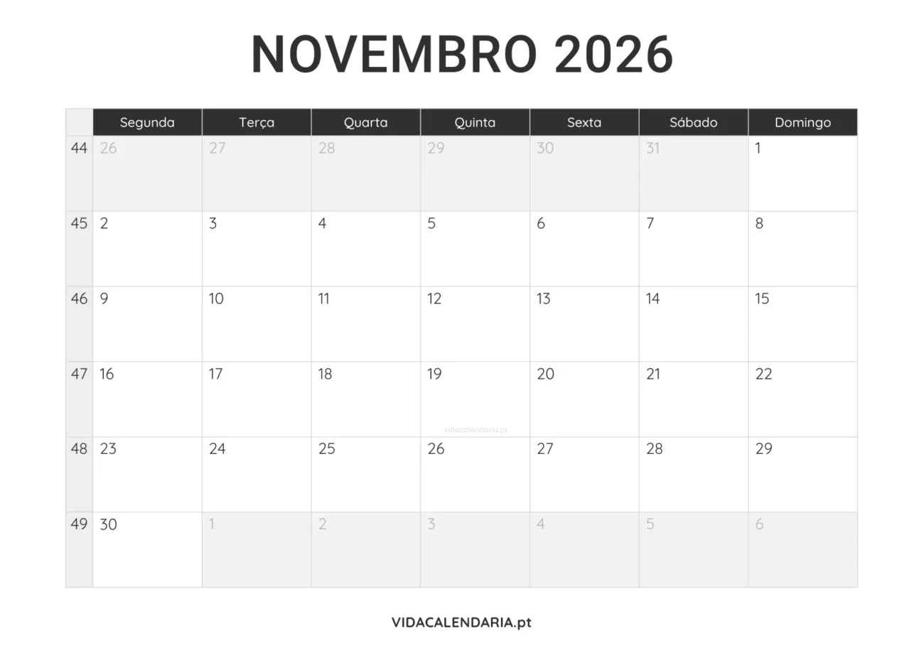 calendário imprimível novembro 2026 minimalista (Português)