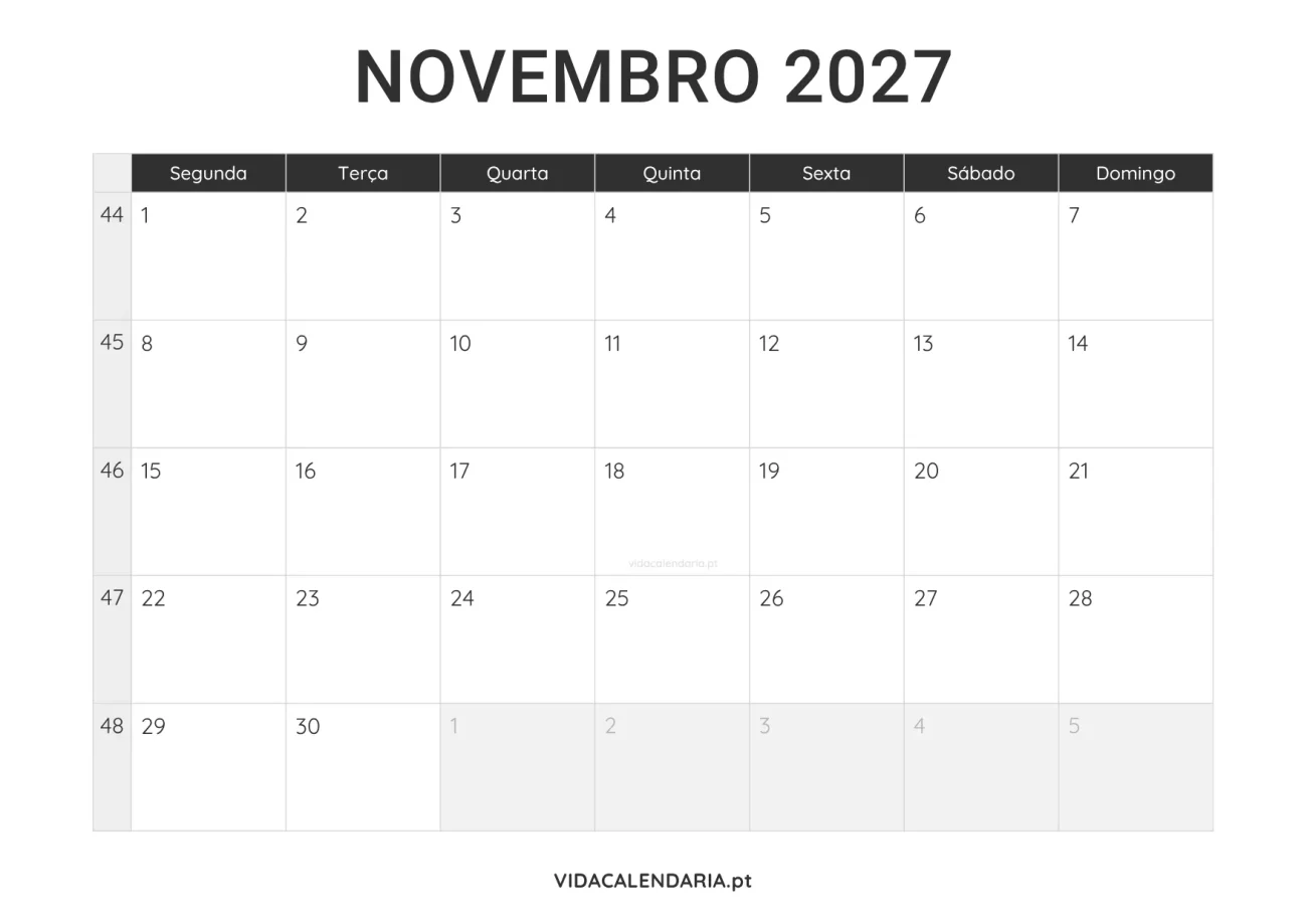 calendário imprimível novembro 2027 minimalista (Português)