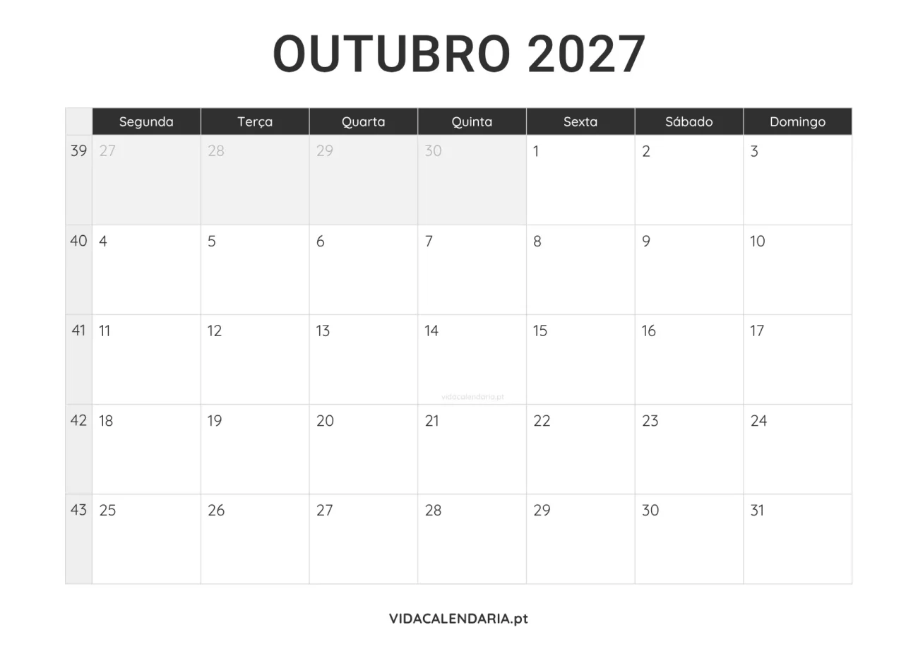 calendário imprimível outubro 2027 minimalista (Português)