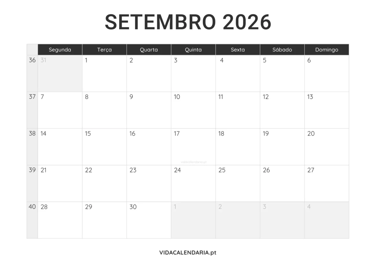 calendário imprimível setembro 2026 minimalista (Português)