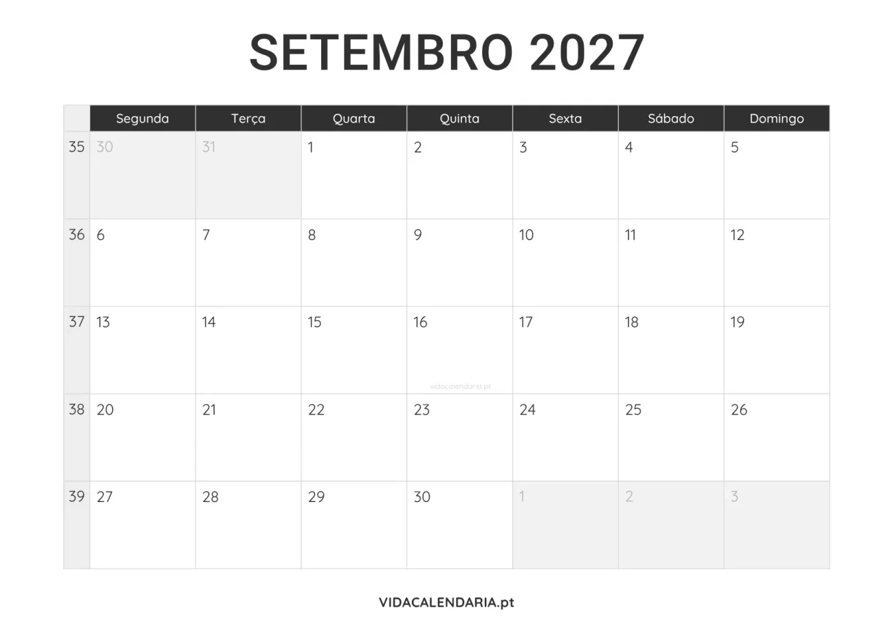 calendário imprimível setembro 2027 minimalista (Português)