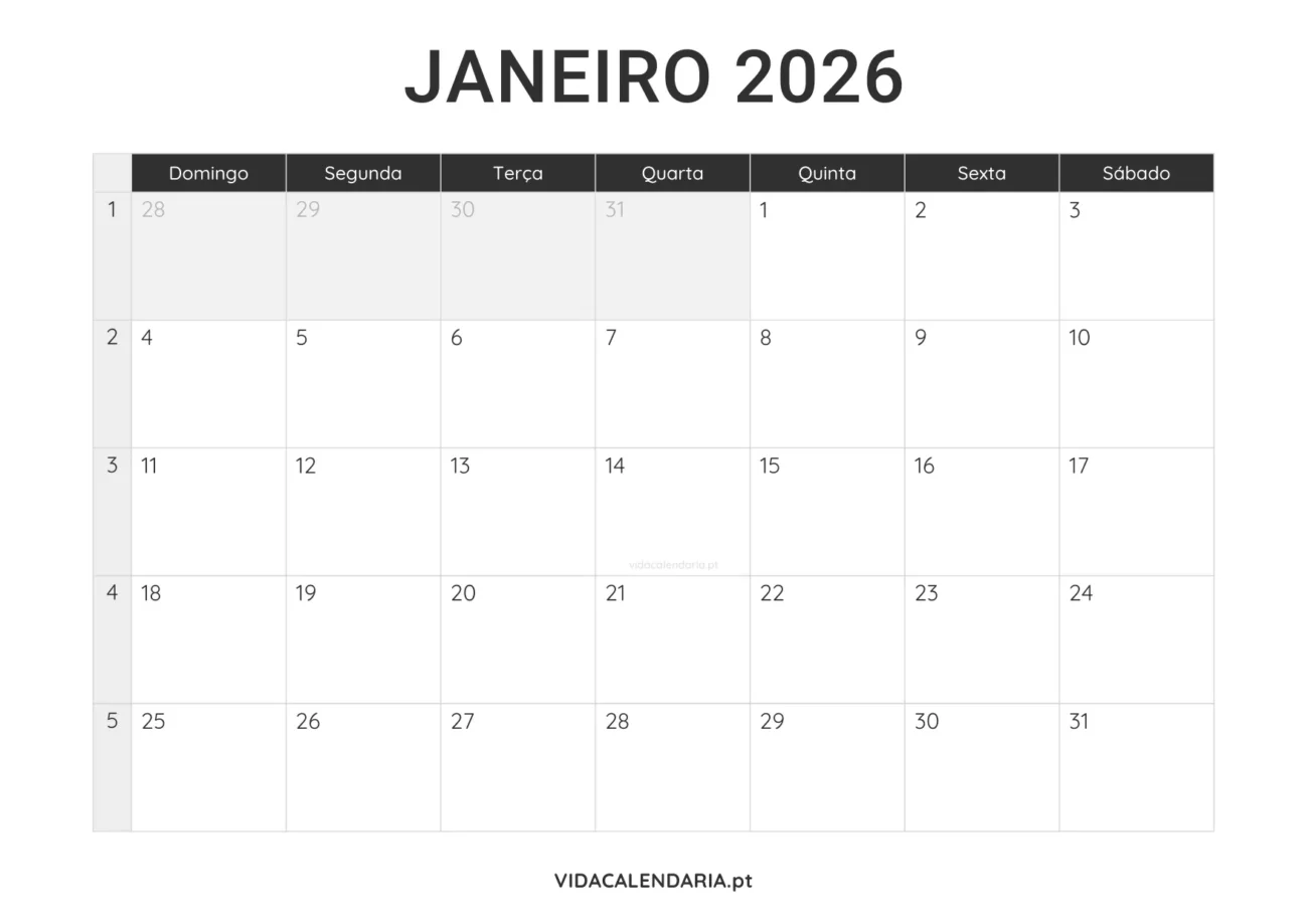 calendário janeiro 2026 PDF para imprimir minimalista (Brasileiro)