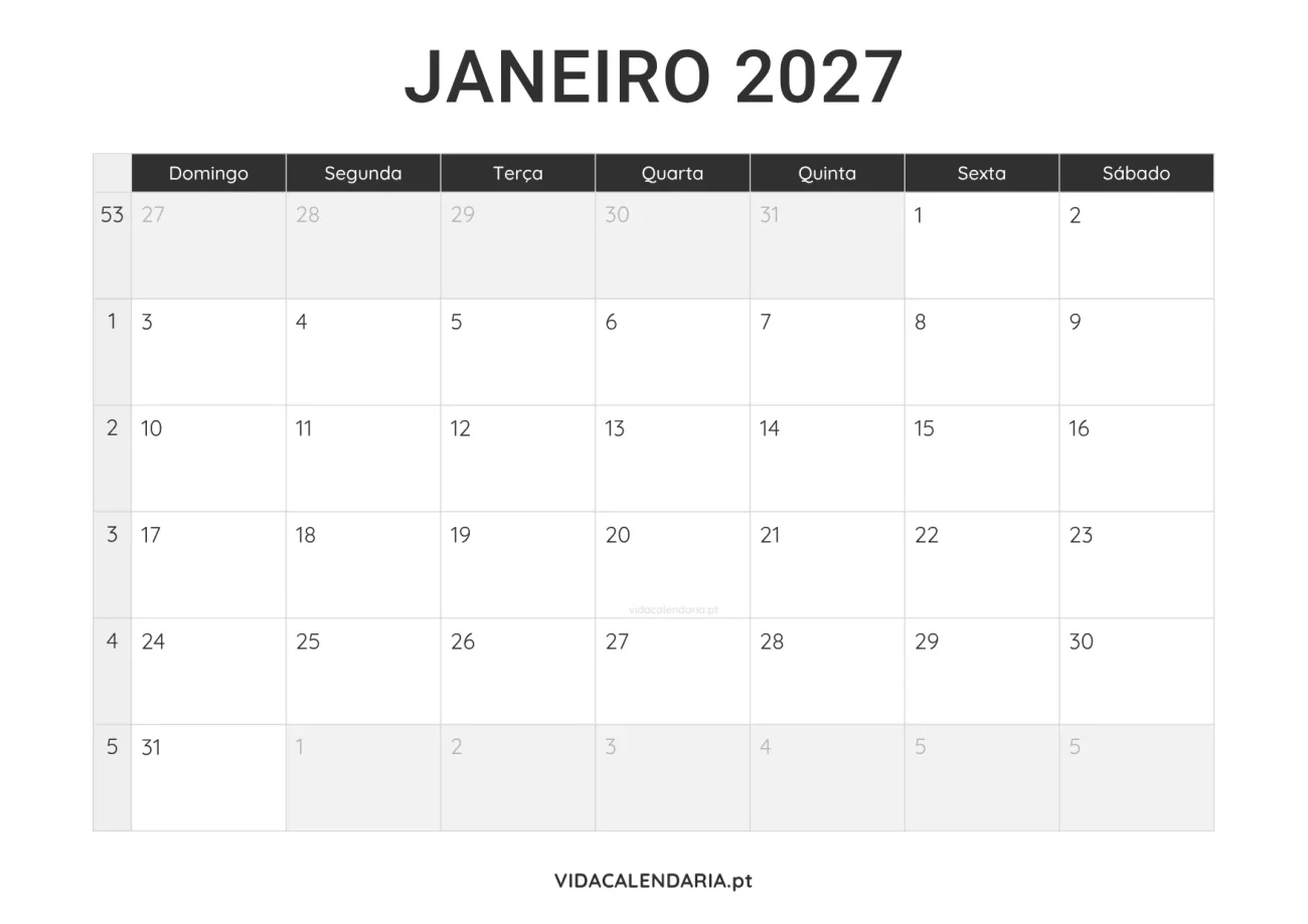 calendário janeiro 2027 PDF para imprimir minimalista (Brasileiro)