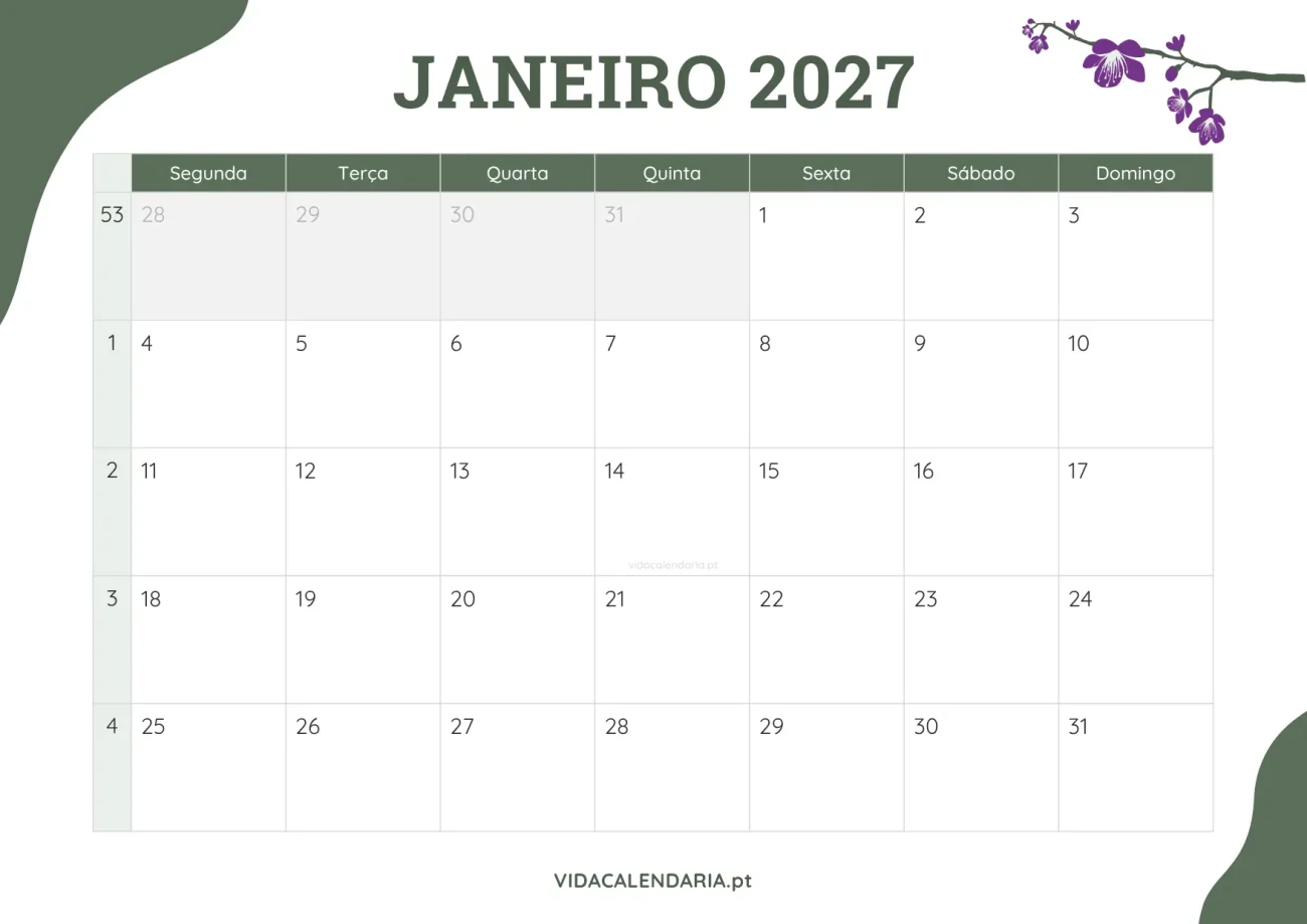 calendário janeiro 2027 com design floral para impressão (Português)