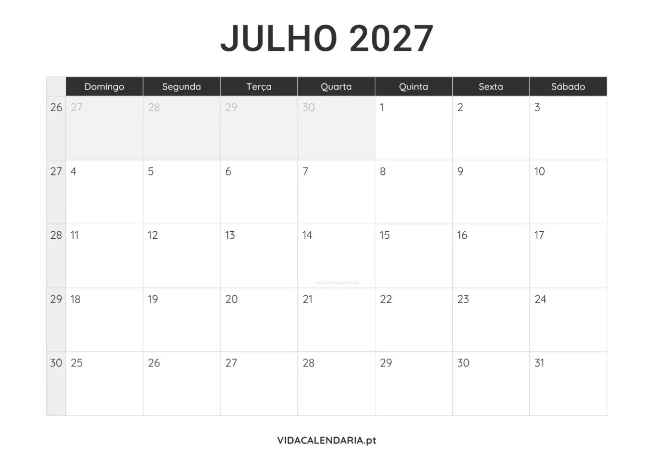 calendário julho 2027 PDF para imprimir minimalista (Brasileiro)