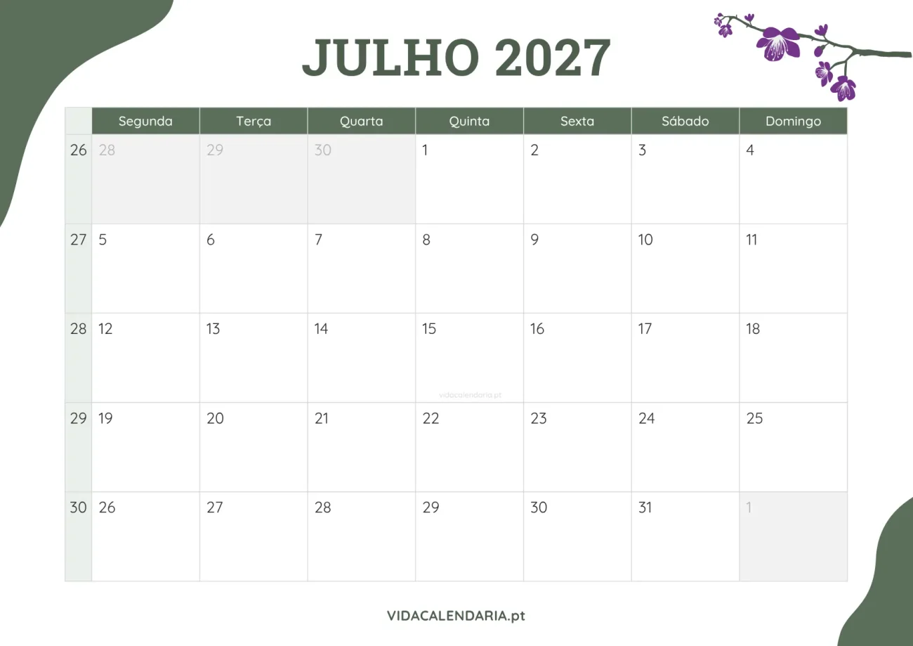 calendário julho 2027 com design floral para impressão (Português)