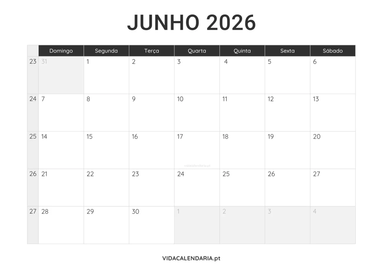 calendário junho 2026 PDF para imprimir minimalista (Brasileiro)