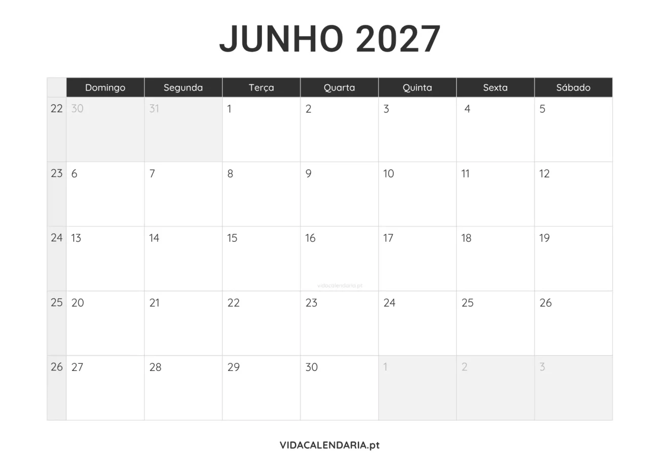 calendário junho 2027 PDF para imprimir minimalista (Brasileiro)