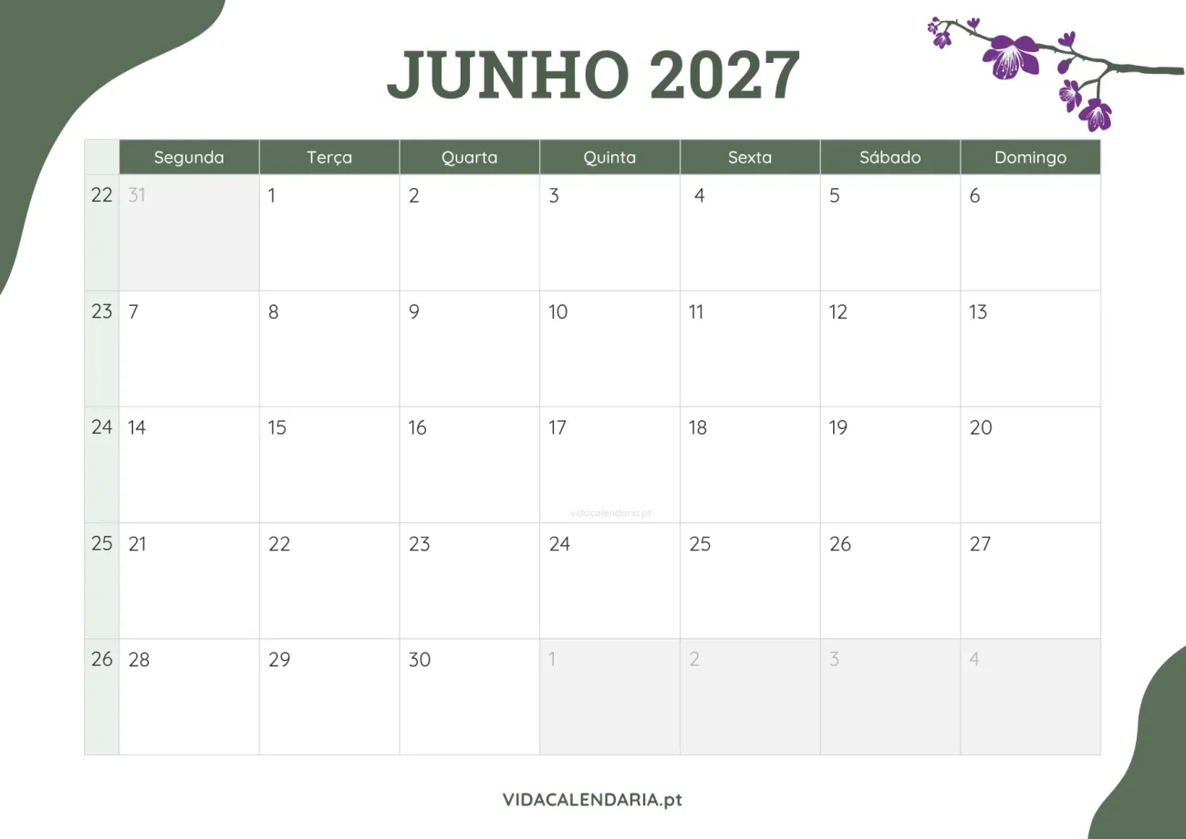 calendário junho 2027 com design floral para impressão (Português)