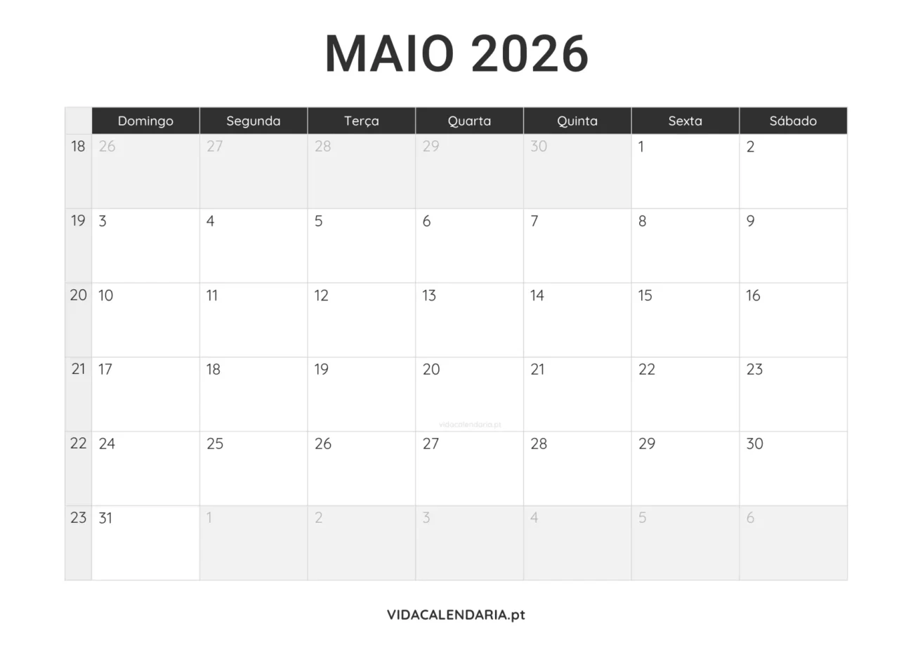 calendário maio 2026 PDF para imprimir minimalista (Brasileiro)